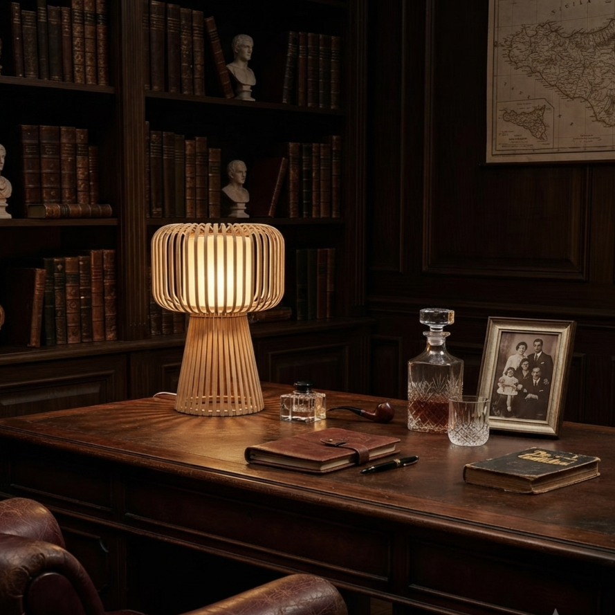 Handcrafted Natural Bamboo Mushroom Table Lamp | Slatted Woven Desk Light