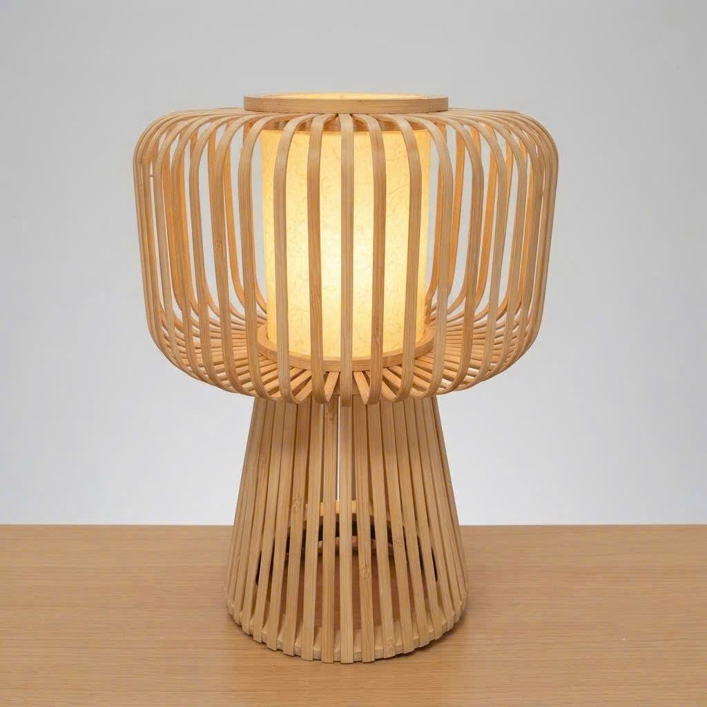Handcrafted Natural Bamboo Mushroom Table Lamp | Slatted Woven Desk Light
