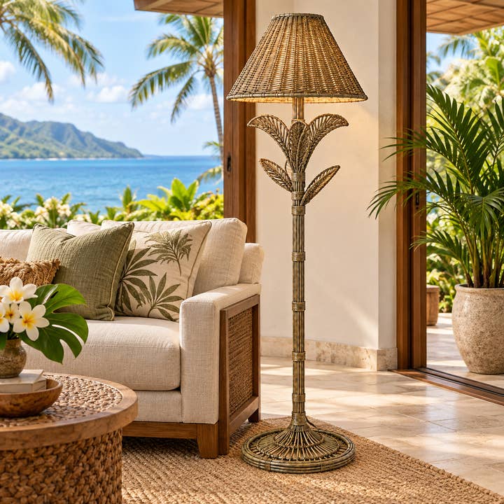 Antique Taupe Wicker Palm Floor Lamp