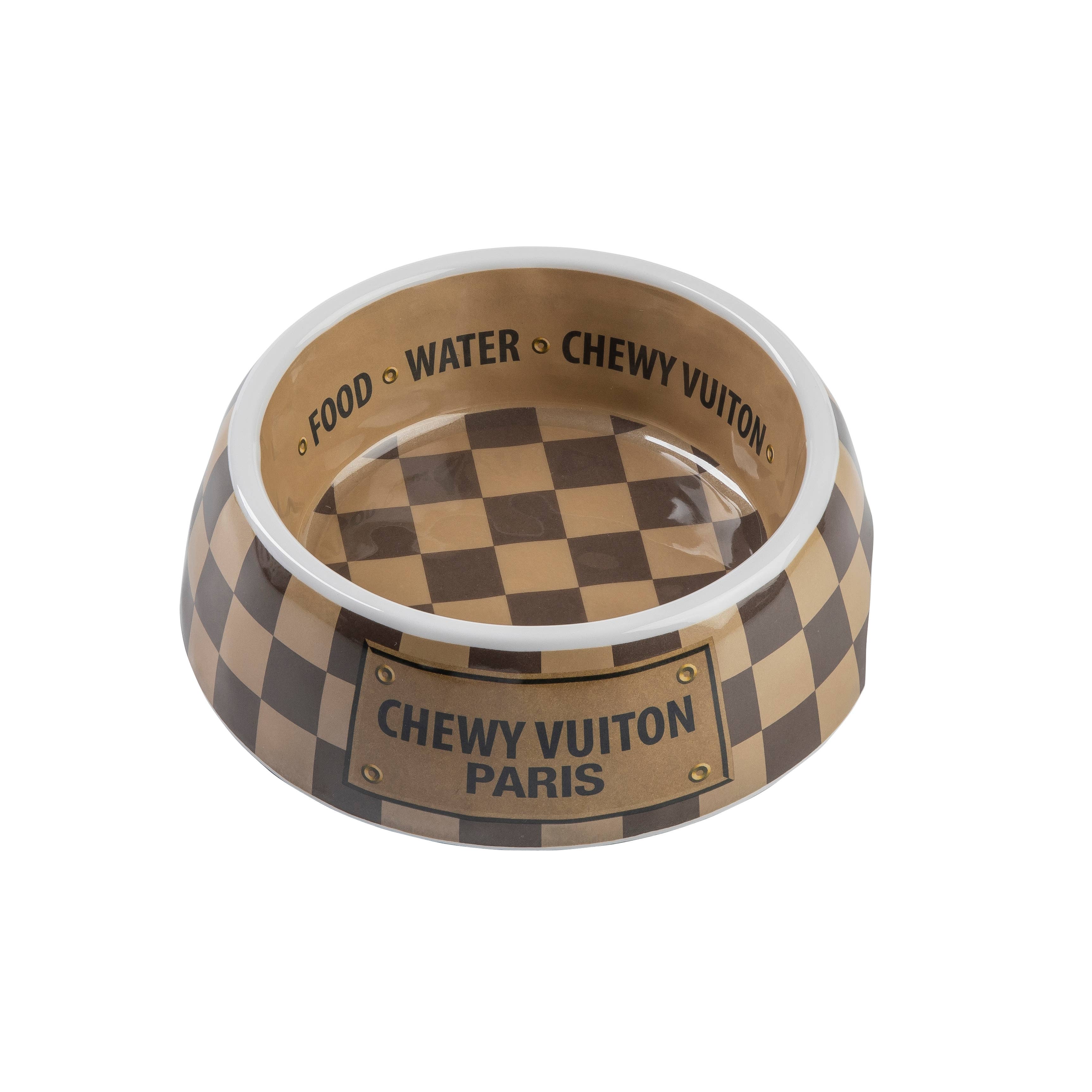 Tan Checker Chewy Vuiton Bowl - Cat or Dog Bowls