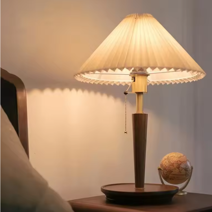 Pleated Fabric Shade & Wood Table Lamp | Vintage Brass Desk Light