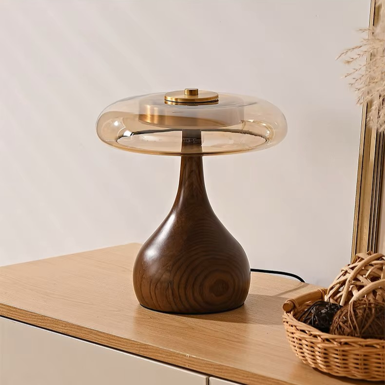 Modern Wooden & Glass Table Lamp | Minimalist Mushroom Desk Light