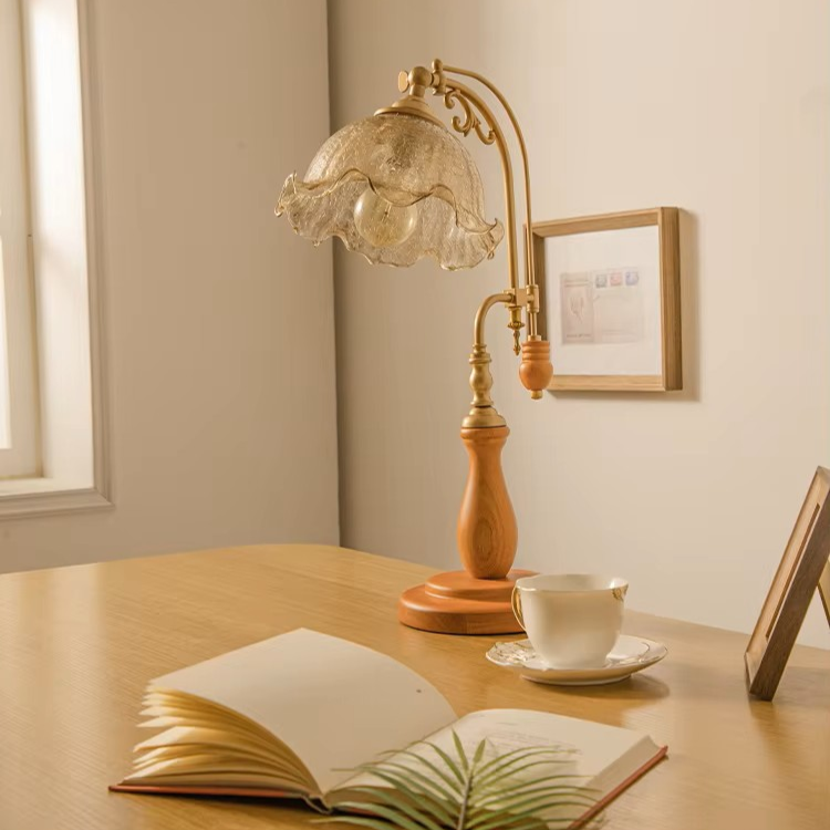 Vintage Goose-Neck Glass & Wood Table Lamp | Retro Desk Light