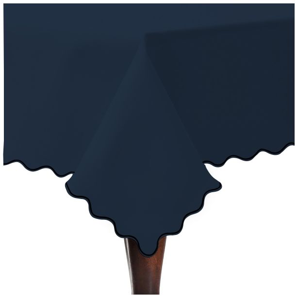 Scallop Embroidery Sateen Cotton Solid Table Cloth - Navy