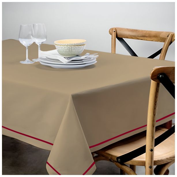 Single Embroidery Border Sateen Cotton Solid Table Cloth - Taupe