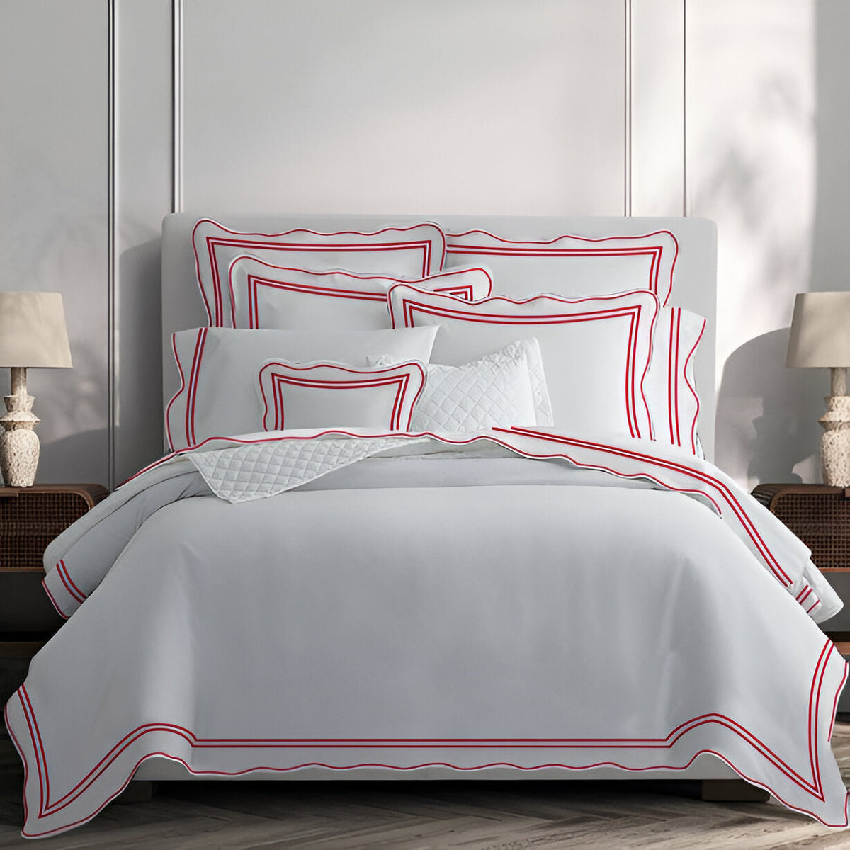 400TC Wavy Embroidery & Border Cotton Sateen Solid Duvet Cover Set