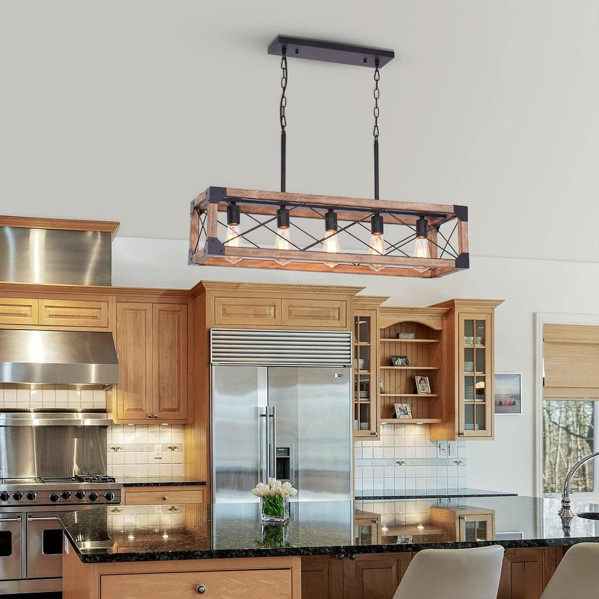 Farmhouse 5-Light Linear Chandelier with Solid Wood