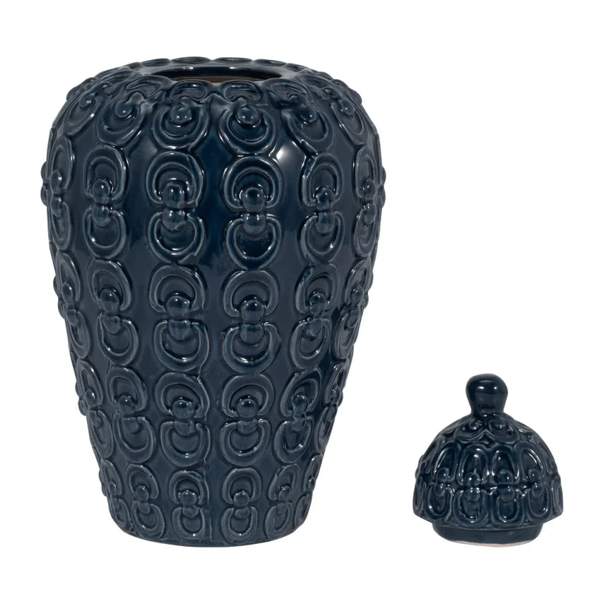 Blue Ceramic Chain-Textured Decorative Jar with Lid – 12"