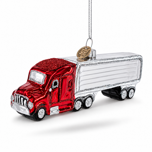 Ornement de Noël en verre en forme de camion semi-remorque rouge avec remorque argentée