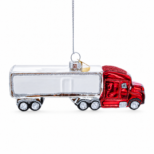 Ornement de Noël en verre en forme de camion semi-remorque rouge avec remorque argentée
