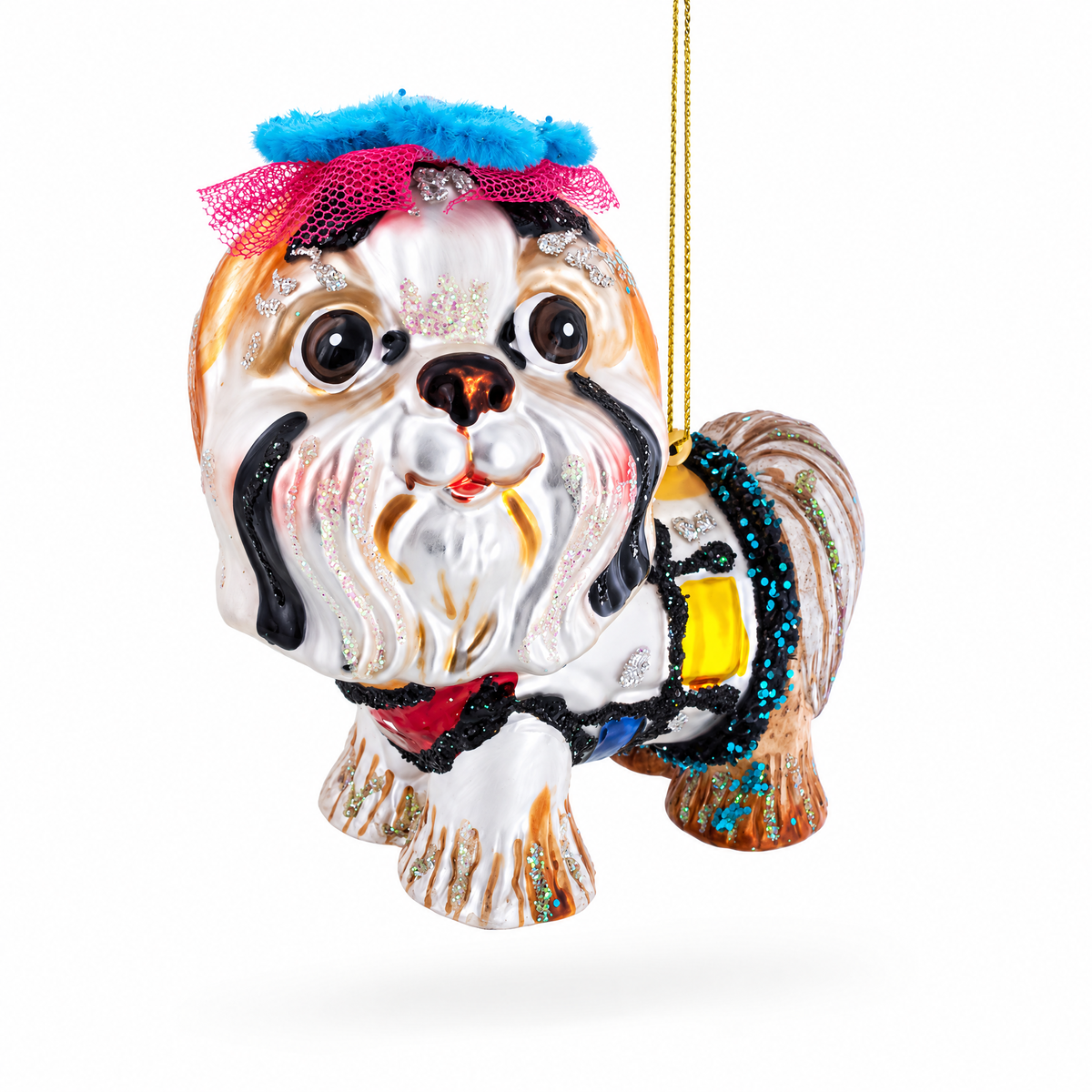 Shih Tzu with Teal Floral Headpiece Glass Christmas Ornament