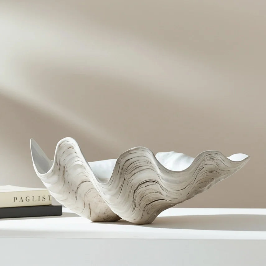 Ivory Pearlized Wavy Shell Bowl – Coastal Polyresin Accent (9")
