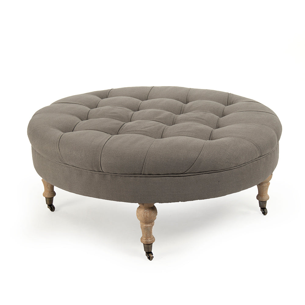 Maison Tufted Round Oak Linen Ottoman