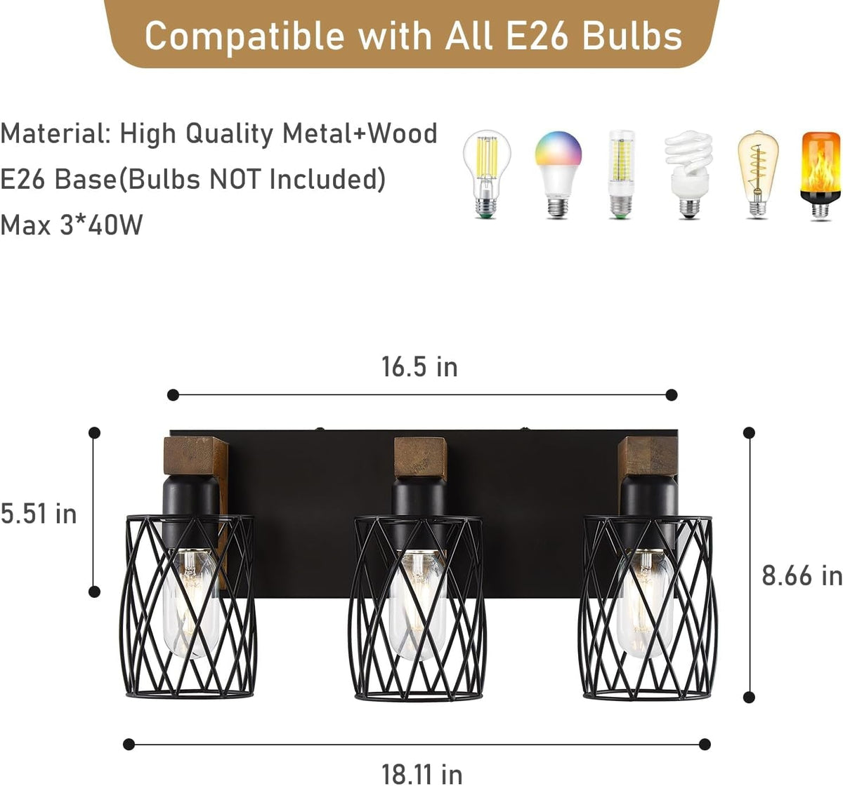 3-Light Wood Bathroom Light Fixture