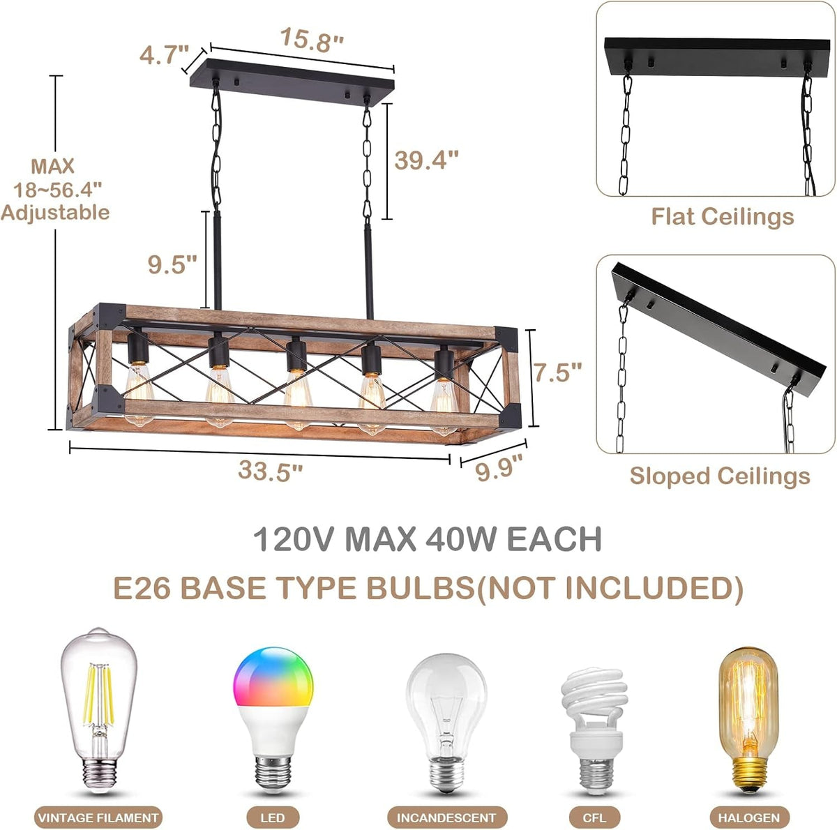 Farmhouse 5-Light Linear Chandelier with Solid Wood
