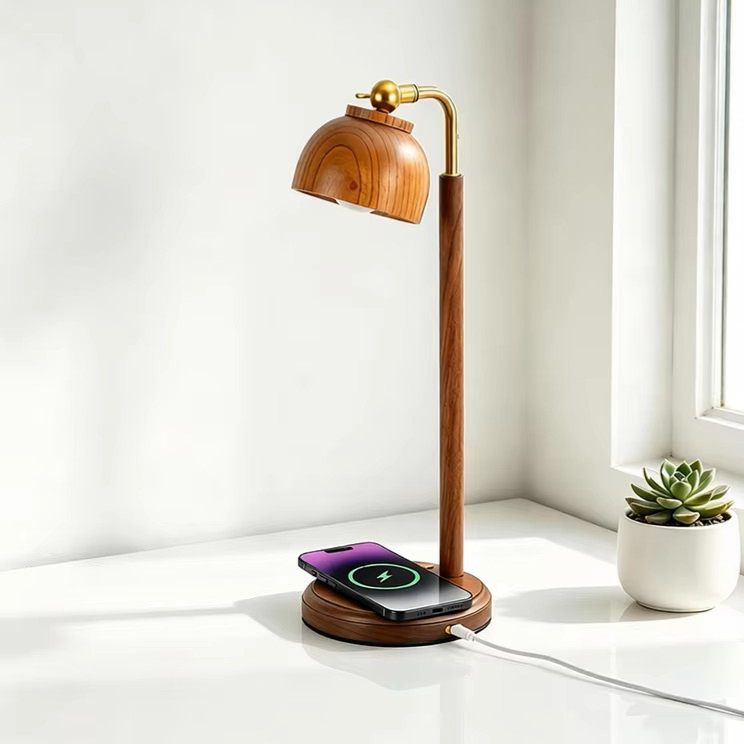 Wooden LED Desk Lamp with Wireless Charger | Multifunctional Bedside Light