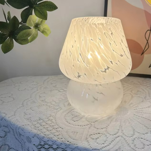 Murano-Style Glass Mushroom Table Lamp | Colorful Striped & Dotted Bedside Light