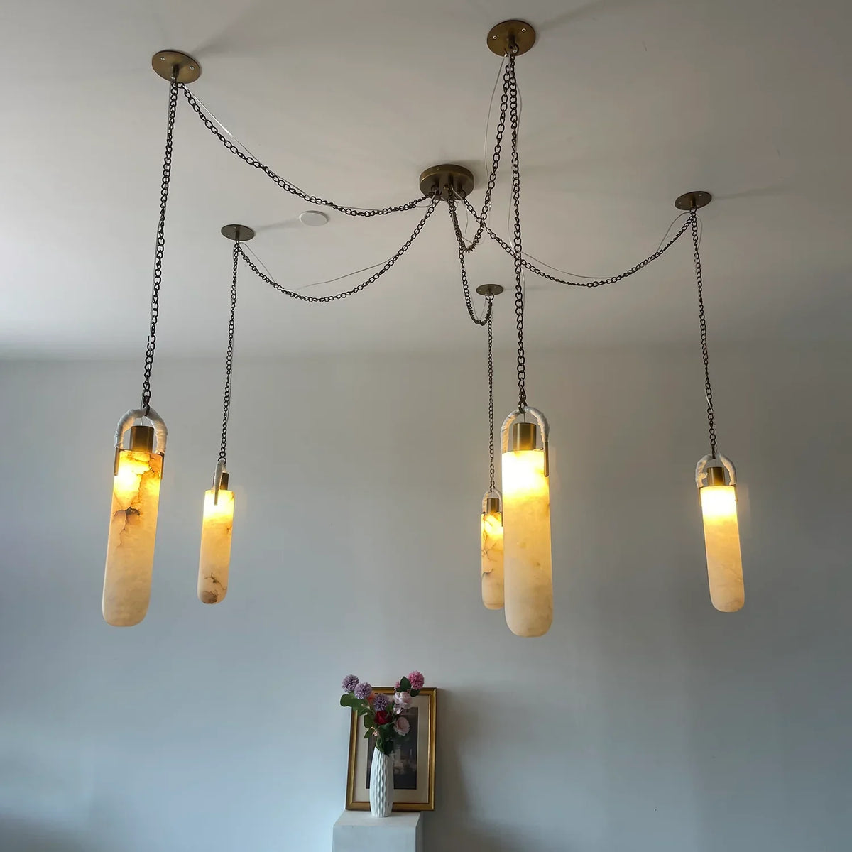 Cylindrical Alabaster Draped Chain Chandelier