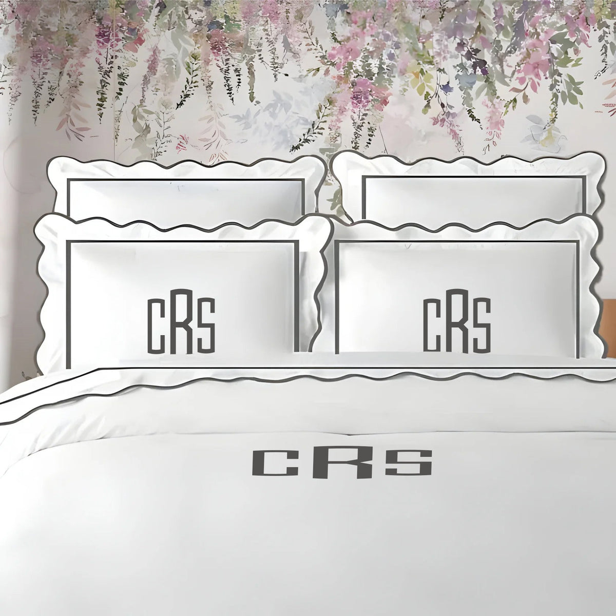 Monogram 400TC Cotton Scallop Embroidery & Border Sateen Solid Duvet Cover Set