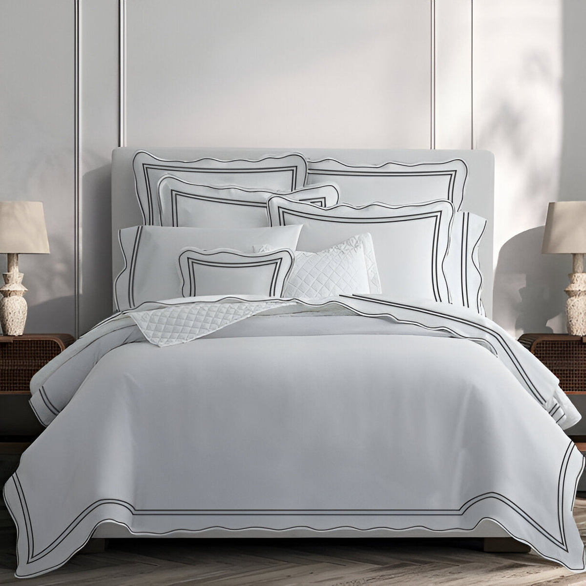 400TC Wavy Embroidery & Border Cotton Sateen Solid Duvet Cover Set