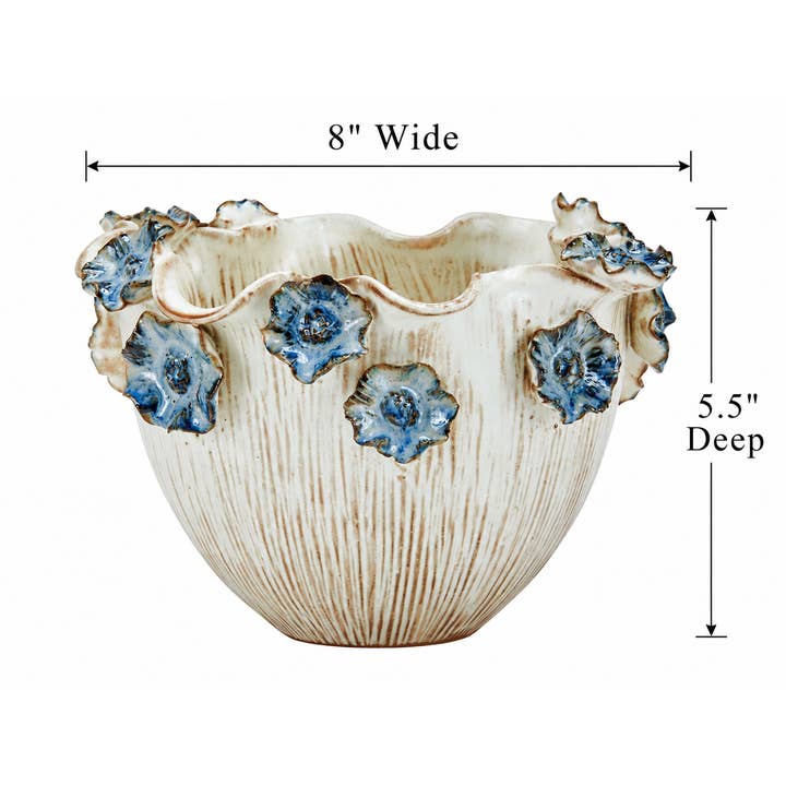 Small Thai Oyster White & Ocean Blue Lily Ceramic Bowl