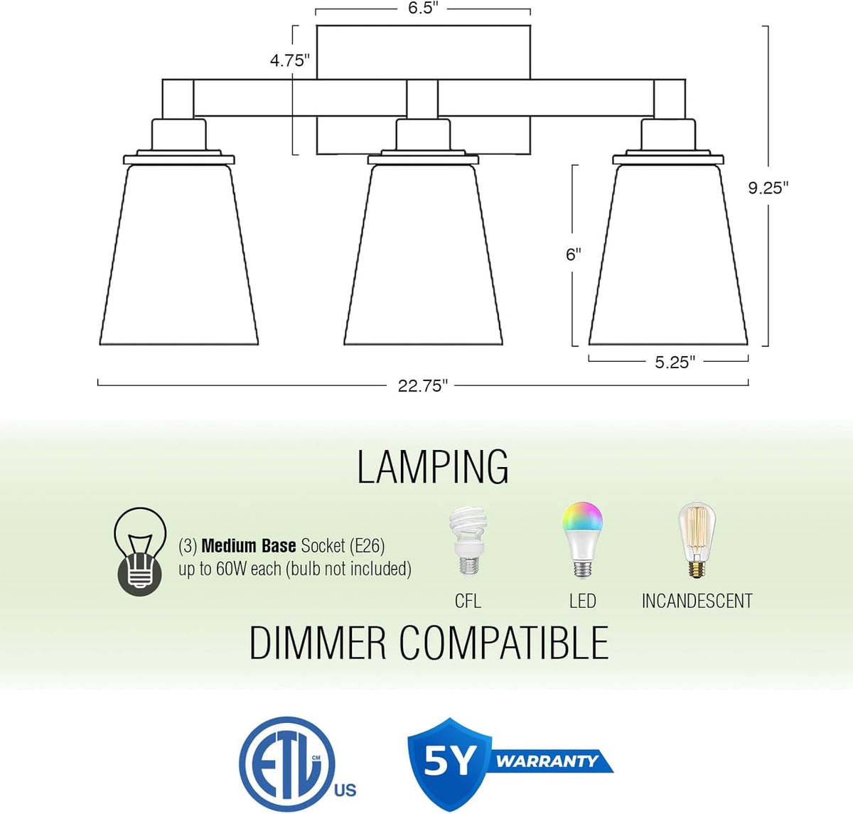 23" 3-Light Farmhouse Vanity Bathroom Light