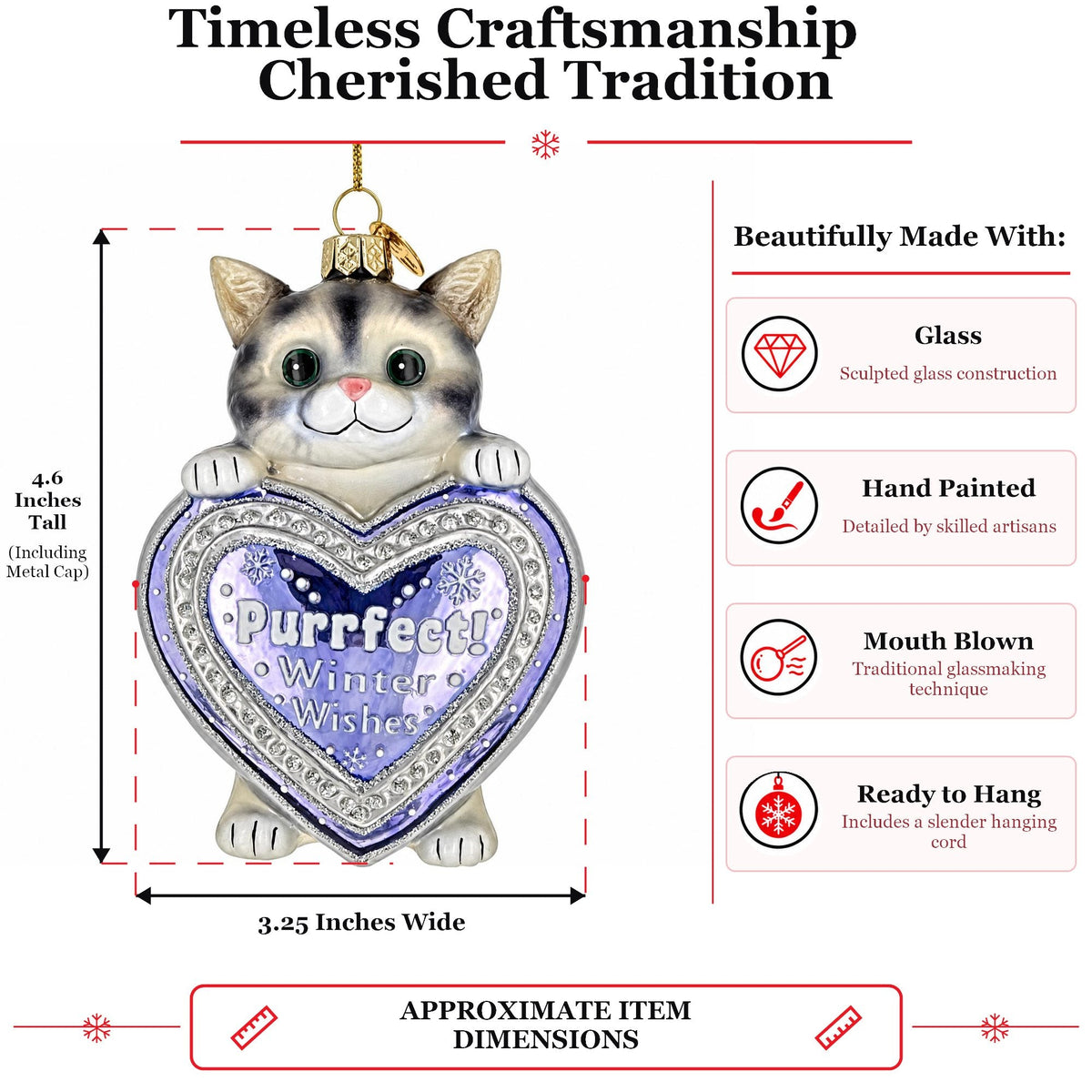 Purrfect Winter Wishes Cat Heart Glass Christmas Ornament