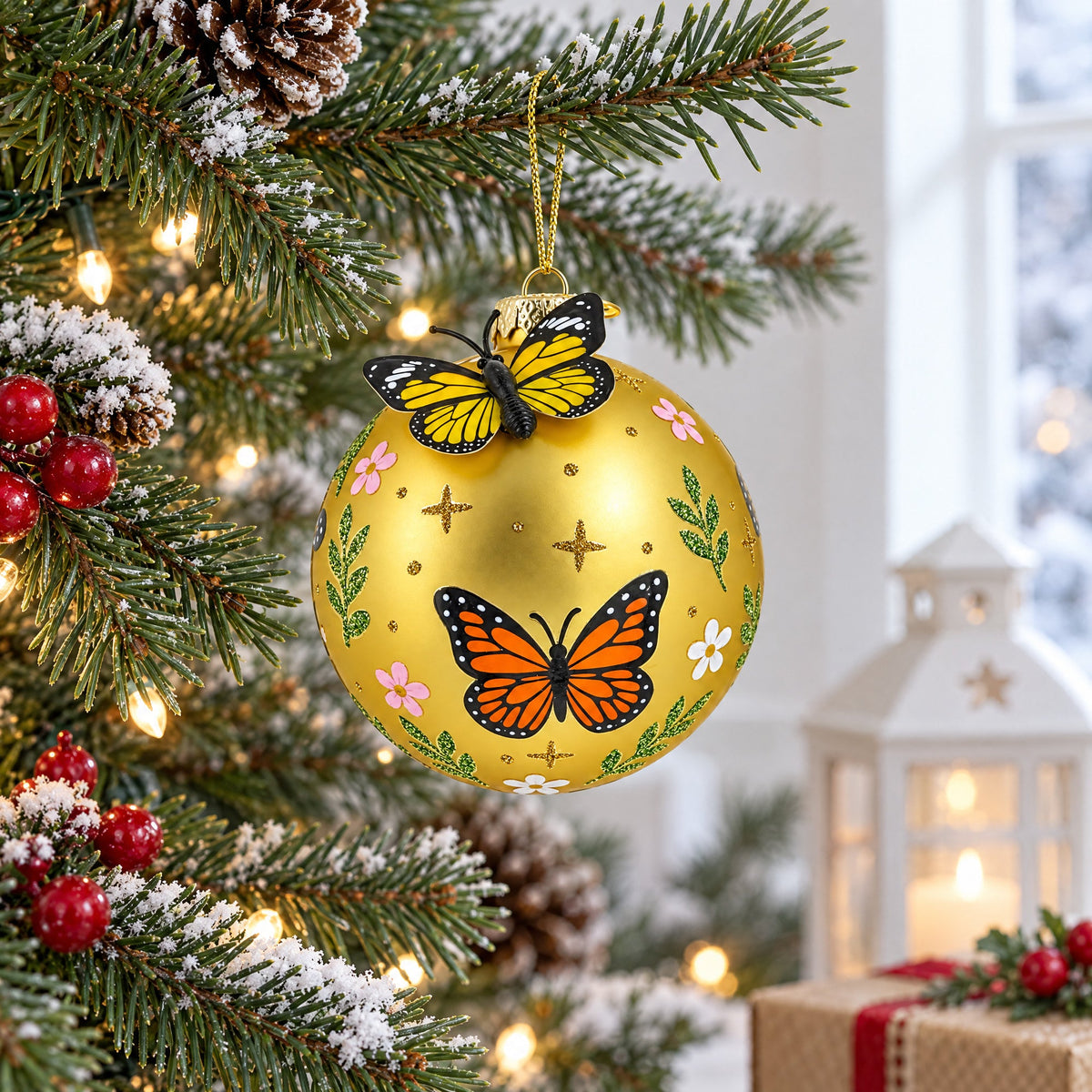 3D Yellow Butterfly Gold Round Ball Glass Christmas Ornament