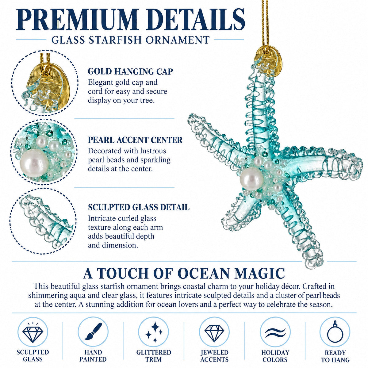 Light Blue Pearl Beaded Glass Starfish Christmas Ornament