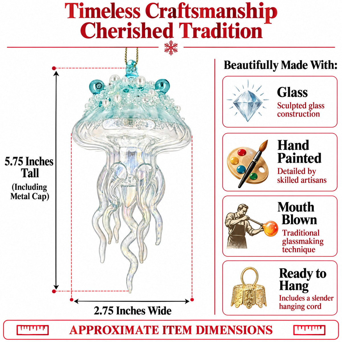 Aqua Pearl Beaded Clear Glass Jellyfish Christmas Ornament