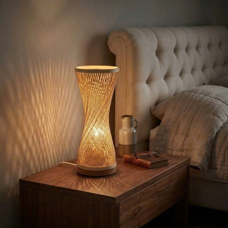 Handcrafted Bamboo Hourglass Table Lamp | Spiral Woven Accent Desk Light