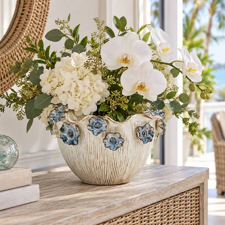 Small Thai Oyster White & Ocean Blue Lily Ceramic Bowl