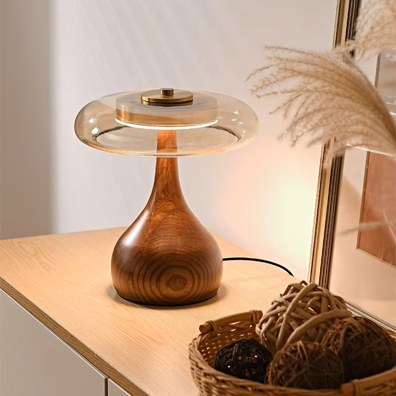 Modern Wooden & Glass Table Lamp | Minimalist Mushroom Desk Light