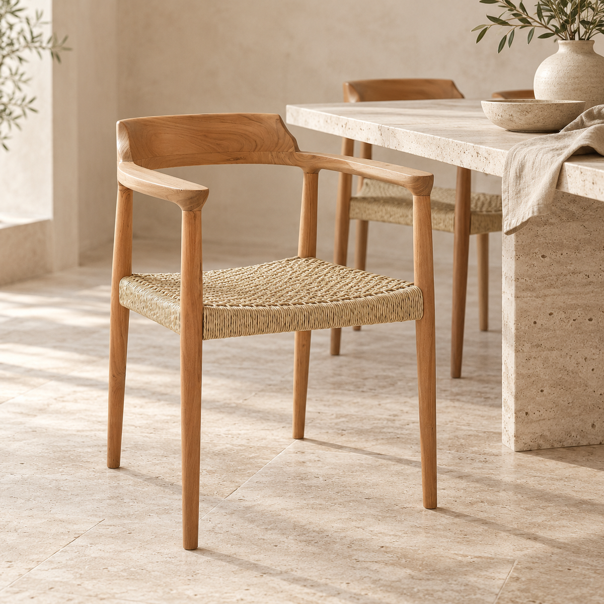 Bridgeford Solid Teak Dining Armchair with Woven Synthetic Seat