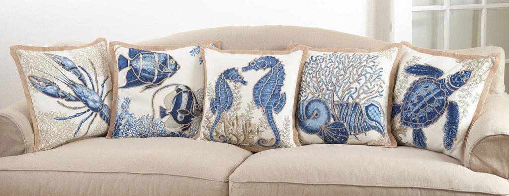 Blue Seahorse Down-Filled Nautical Throw Pillow