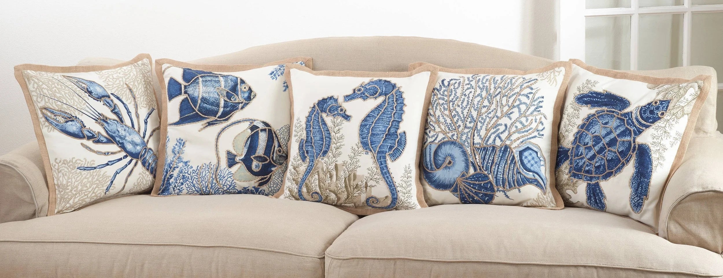 Blue Seahorse Down-Filled Nautical Throw Pillow