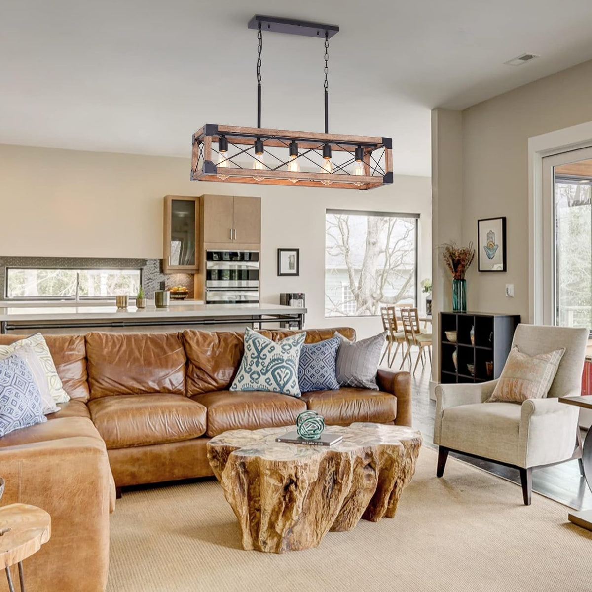 Farmhouse 5-Light Linear Chandelier with Solid Wood