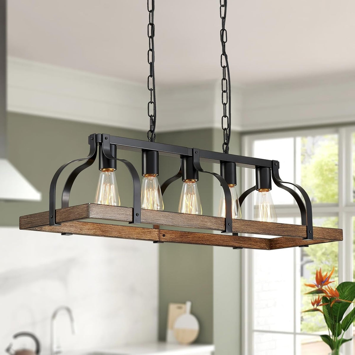 5-Light Metal Linear Chandelier Imitation Wood Grain