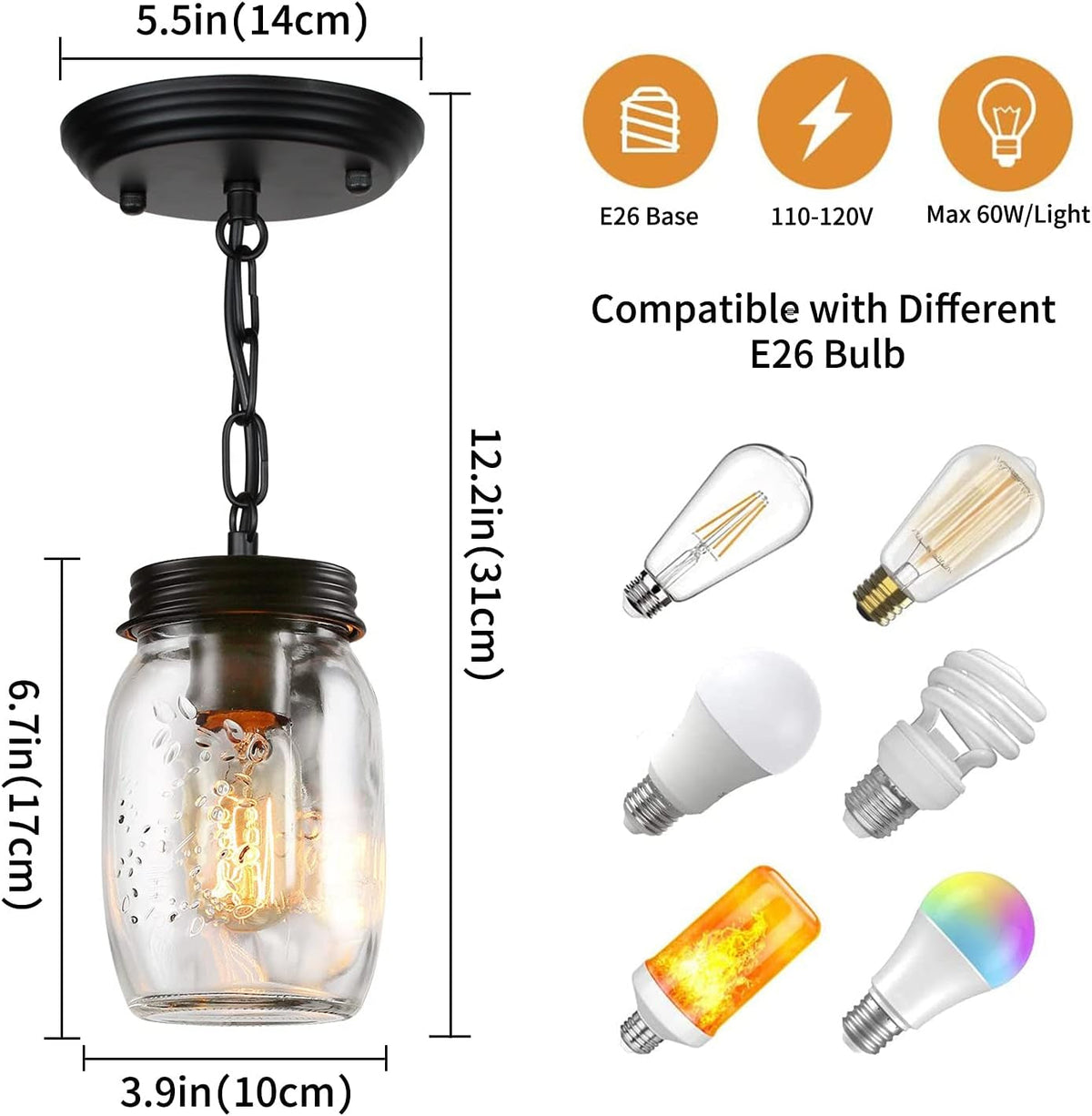 1 Light Glass Mason Jar Pendant Light Fixture