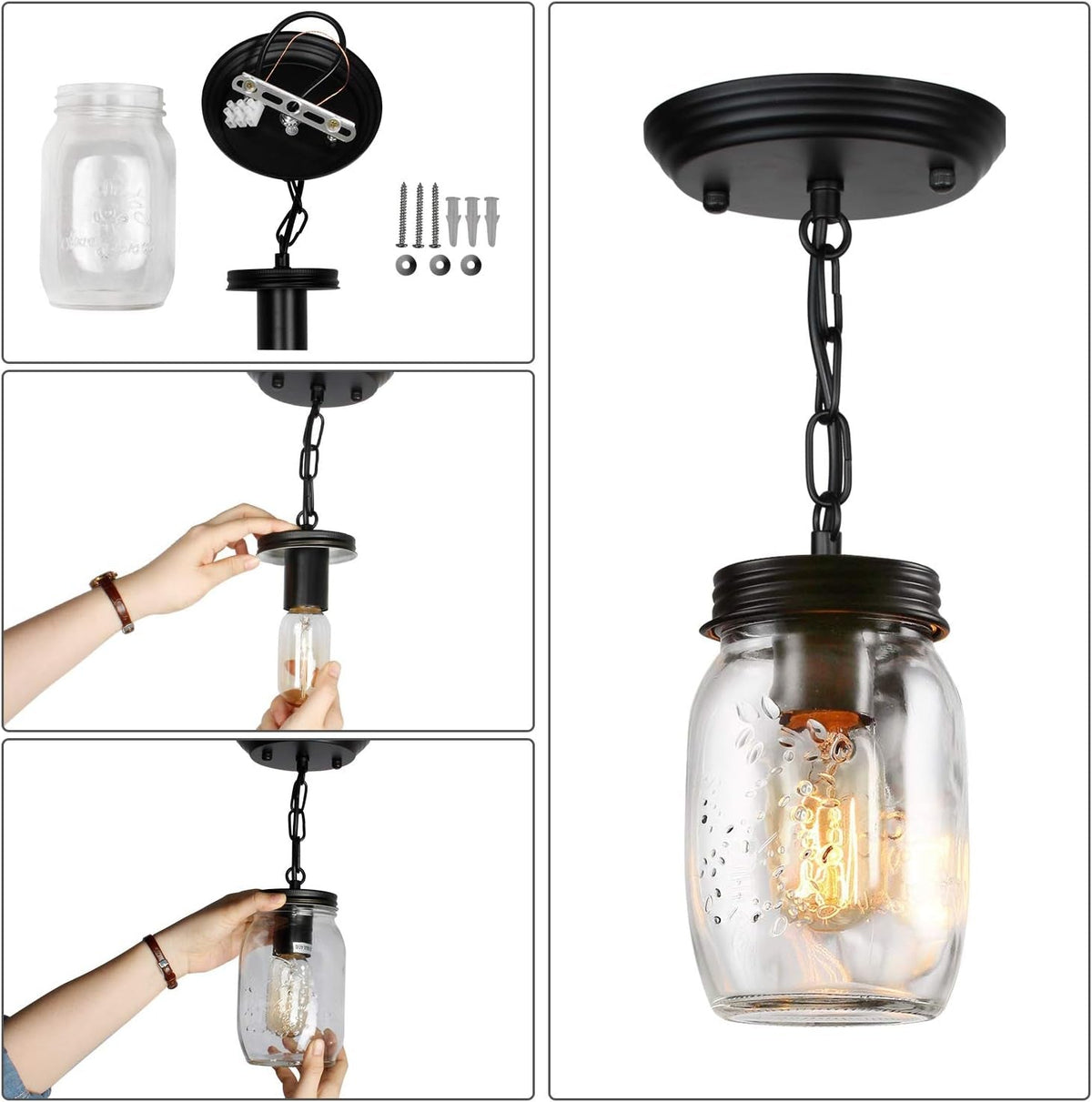1 Light Glass Mason Jar Pendant Light Fixture
