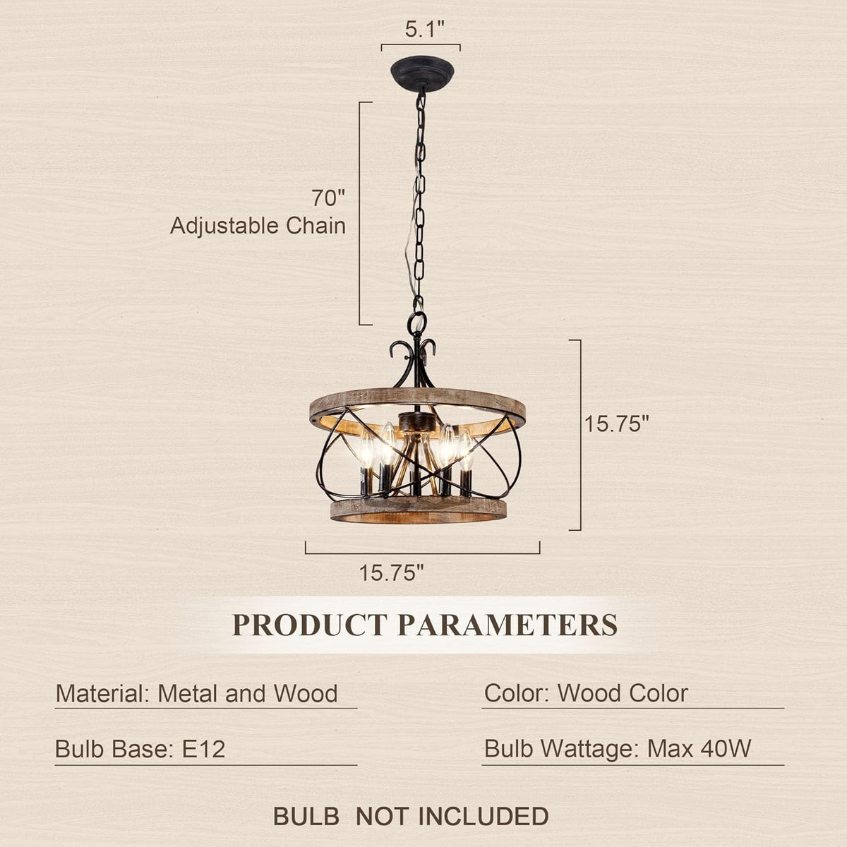 5-Light Farmhouse Drum Wood Chandelier