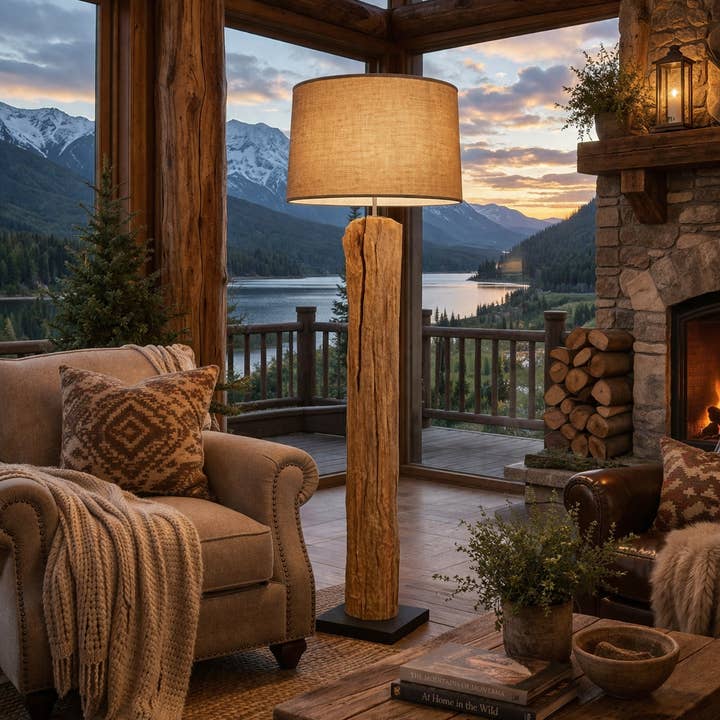 Rustic Teak Driftwood Floor Lamp Linen Shade