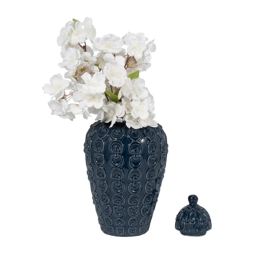Blue Ceramic Chain-Textured Decorative Jar with Lid – 12"