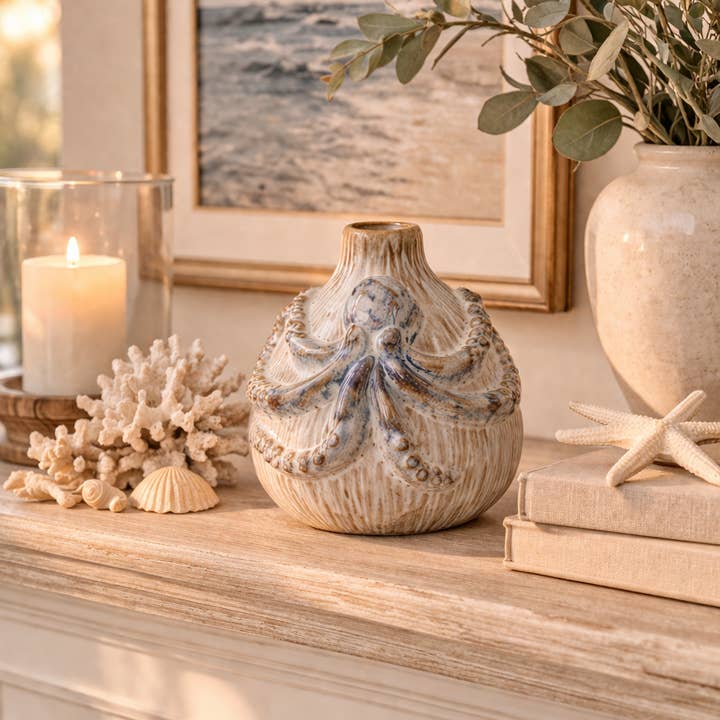 Small Cream & Ocean Blue Octopus Ceramic Vase