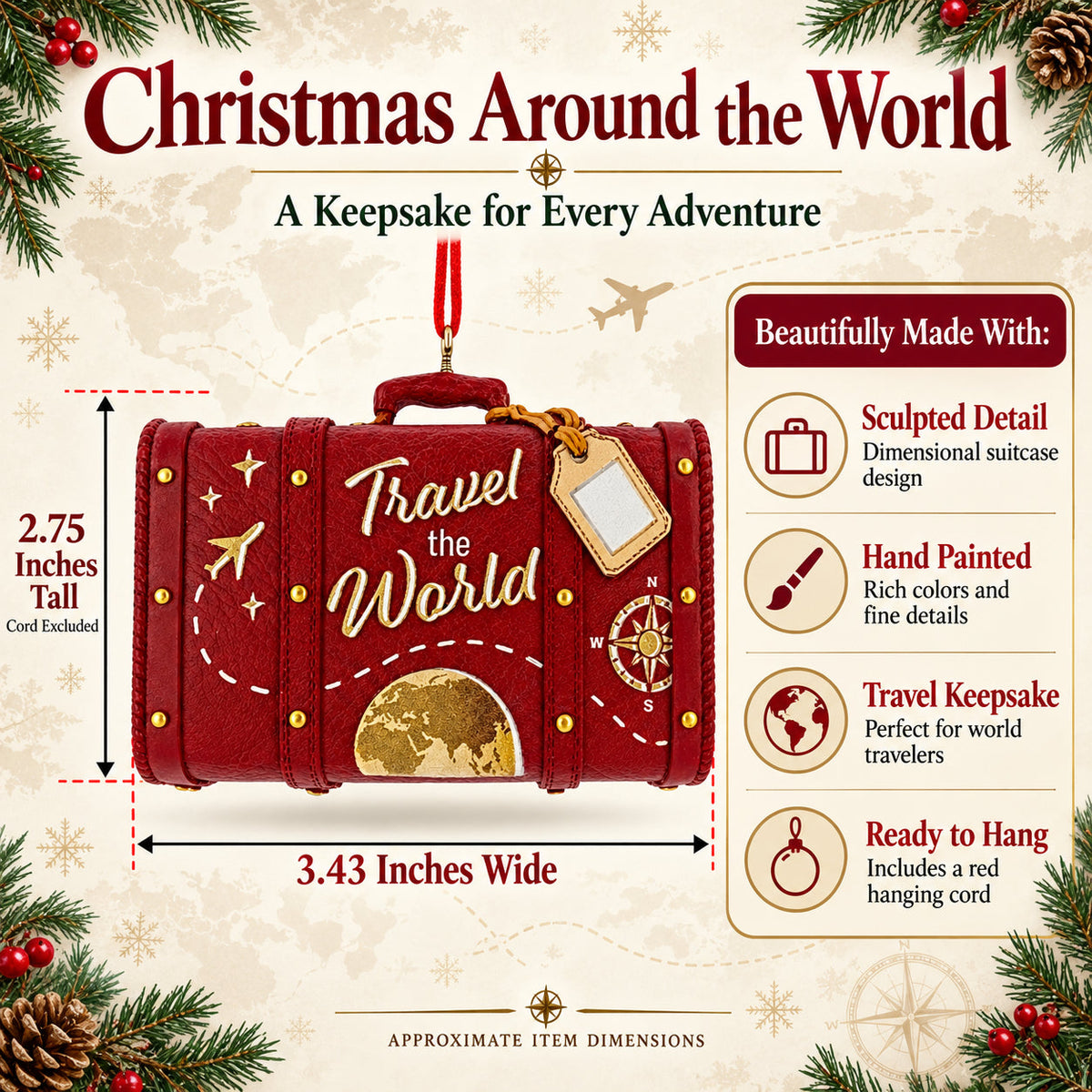 Travel The World Red Vintage Suitcase Luggage Resin Christmas Ornament