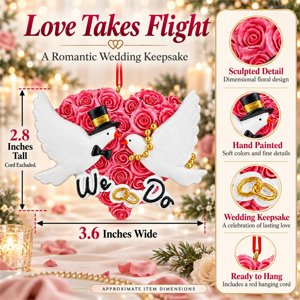We Do Wedding Doves Bride and Groom Rose Heart Resin Christmas Ornament