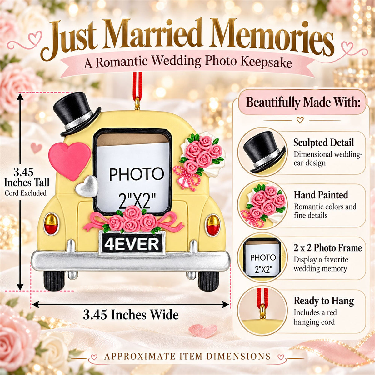 Just Married Wedding Car 2x2 Photo Frame Resin Christmas Ornament