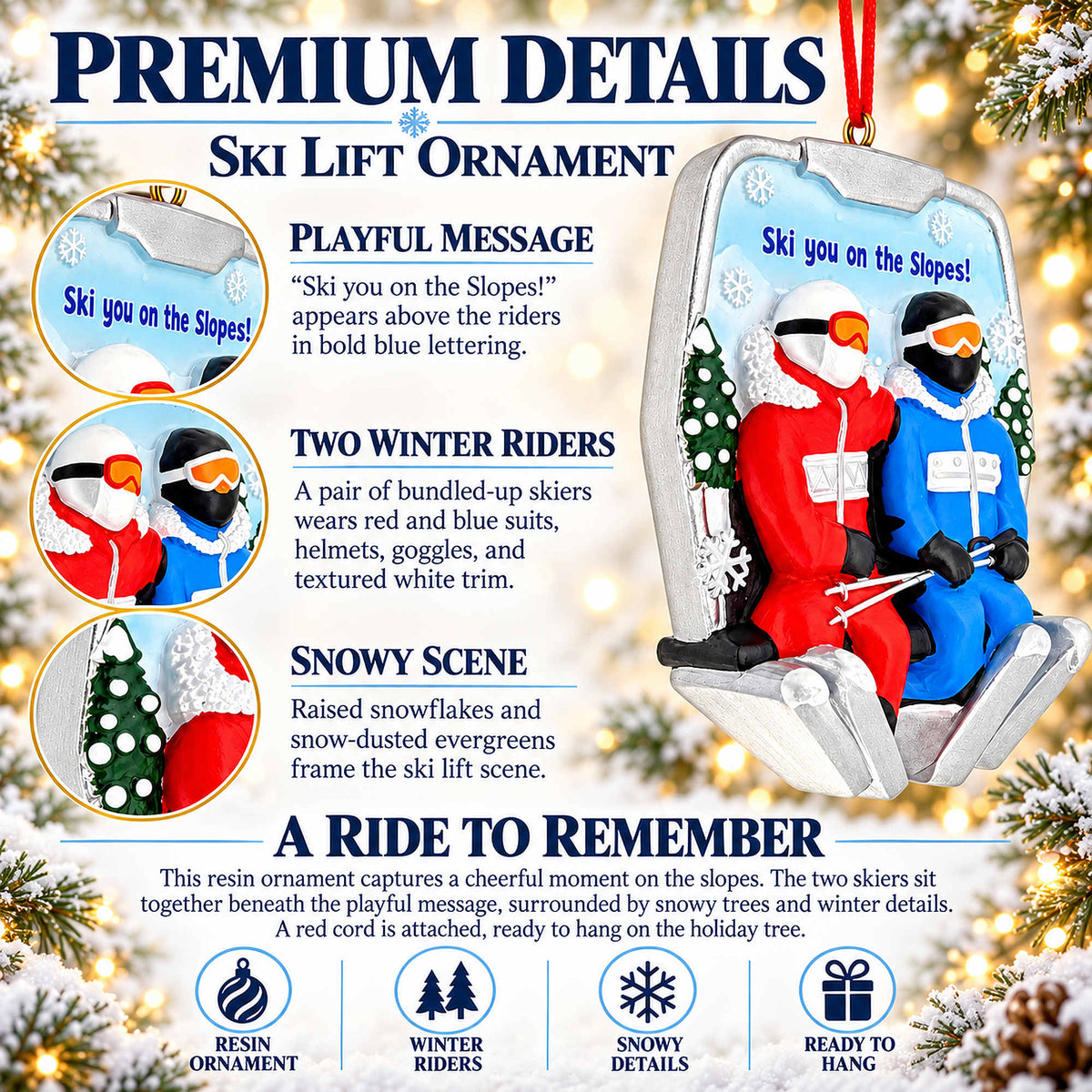 Skiers Couple On Chairlift Resin Christmas Ornament