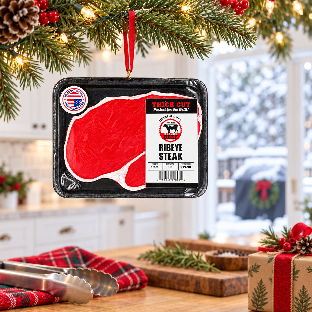 Thick Cut Ribeye Steak Butcher Tray Decor Resin Christmas Ornament
