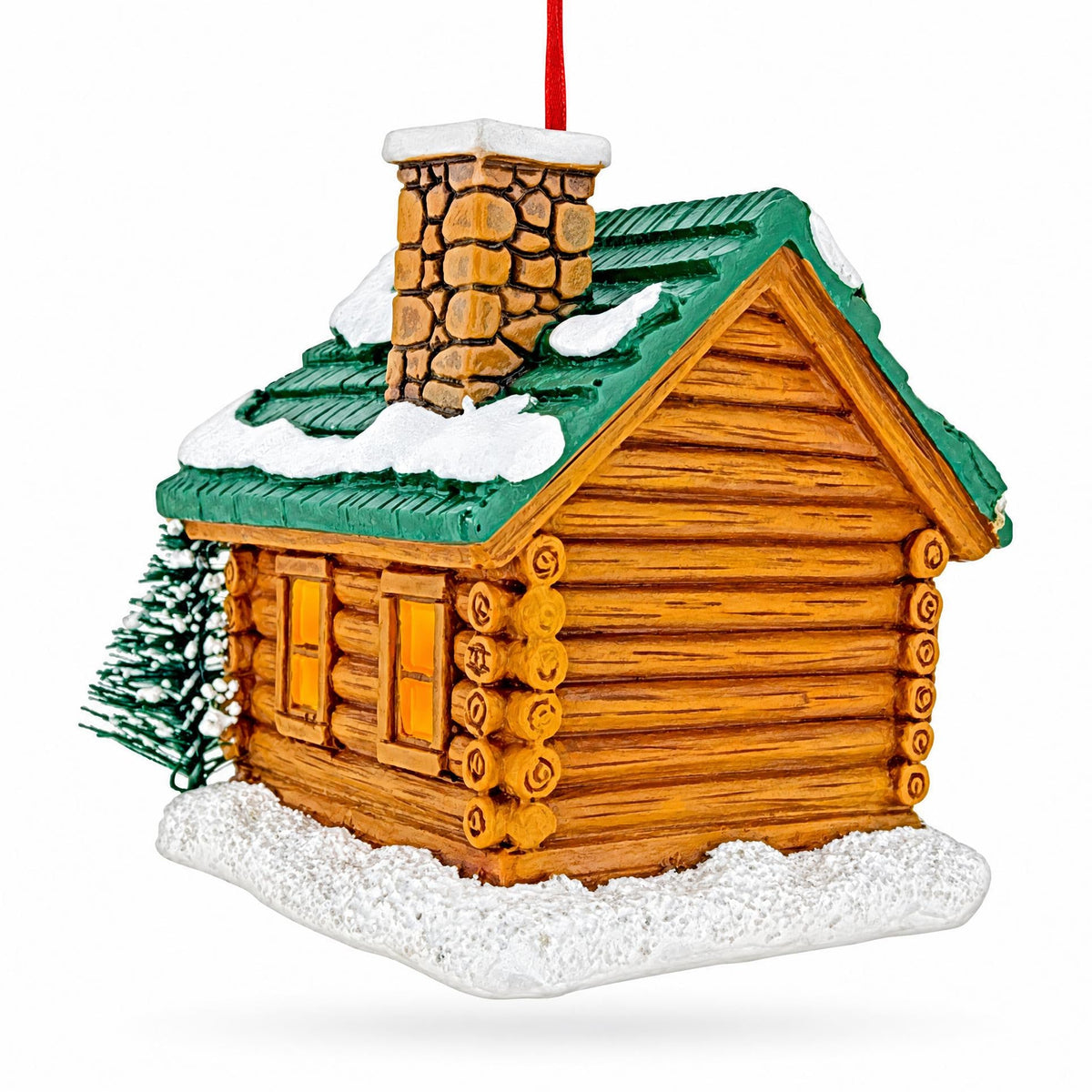 Winter Log Cabin Pine Tree And Antlers Resin Christmas Ornament